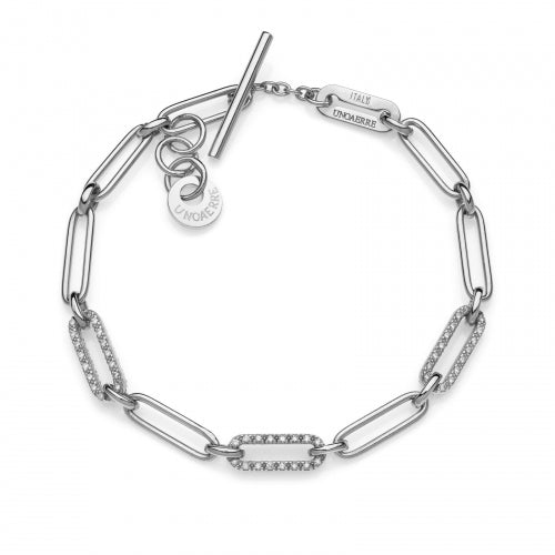 Bracciale Unoaerre in argento a maglia paper clip con pietre bianche 6056