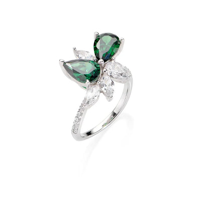 Anello da donna in Argento 925 rodiato bianco doppia goccia pietra verde e zirconi bianchi. Cod. R2FIBVBZ