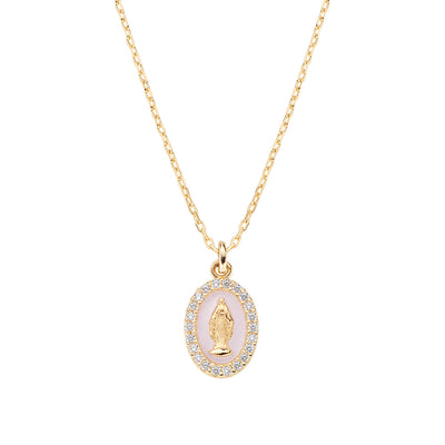 Collana Amen Medaglia Miracolosa con smalto rosa perla e zirconi bianchi