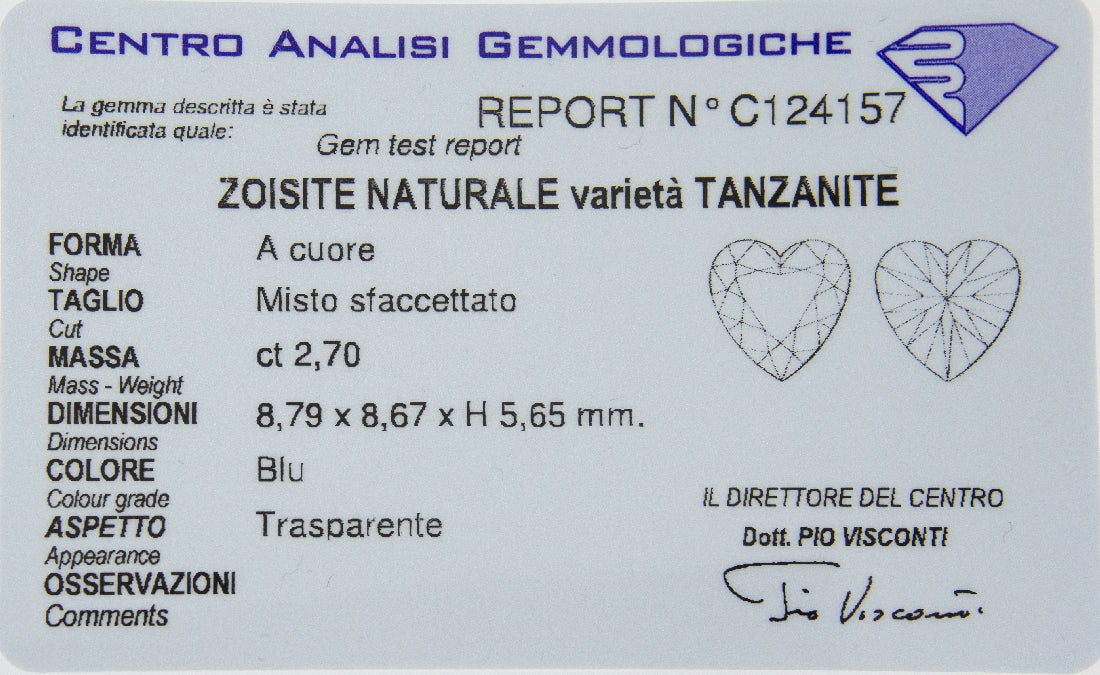 Anello tanzanite naturale taglio a cuore ct 2,70 e brillanti ct 0,55