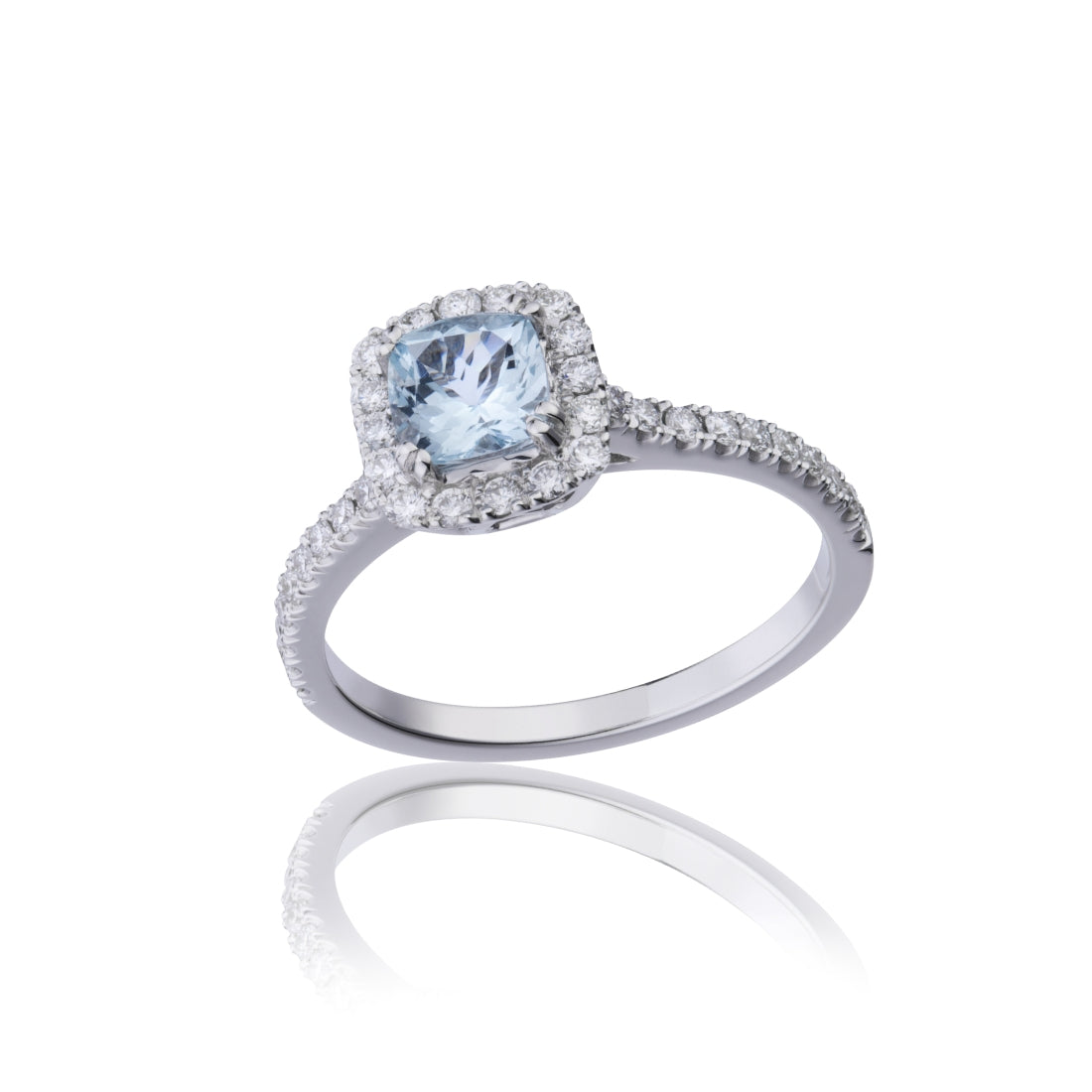 Anello Mikiko acquamarina a cuscino ct 0,50 e contorno diamanti ct 0,39