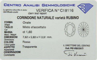 Anello rubino ovale ct 1,60 certificato e contorno di brillanti ct 1,03