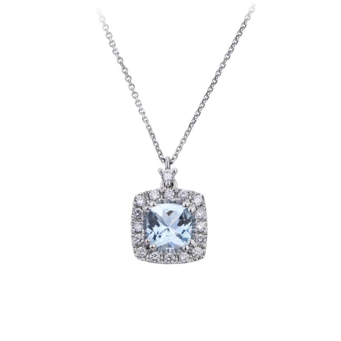 Collana Mikiko acquamarina cuscino 6x6 ct 0,81 contorno diamanti ct 0,23