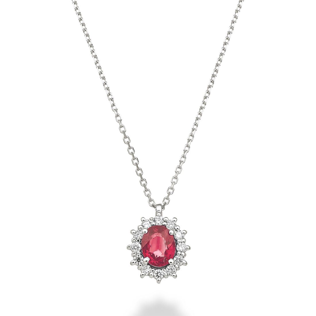 Collana Mikiko rubino ovale ct 0,40 e contorno diamanti ct 0,10