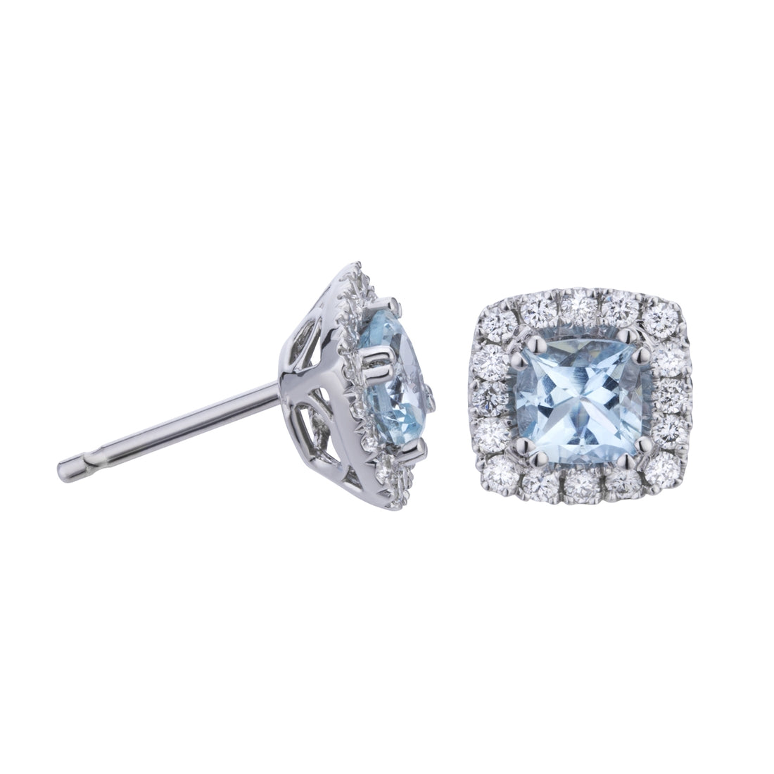 Orecchini Mikiko acquamarine cuscino ct 1,02 e contorno diamanti ct 0,37