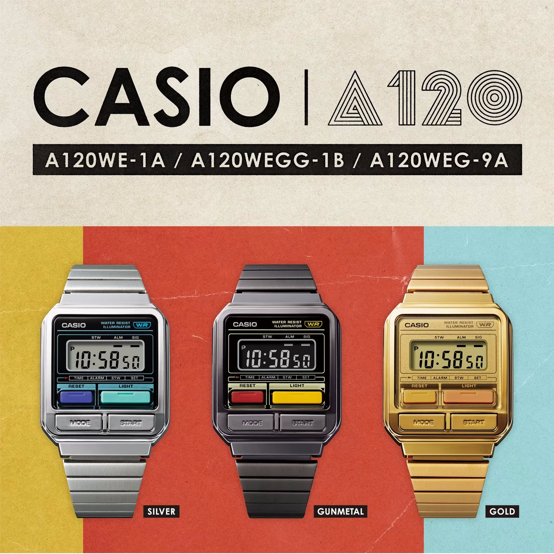 Orologio Casio Vintage A120WE-1AEF acciaio pulsanti multicolor