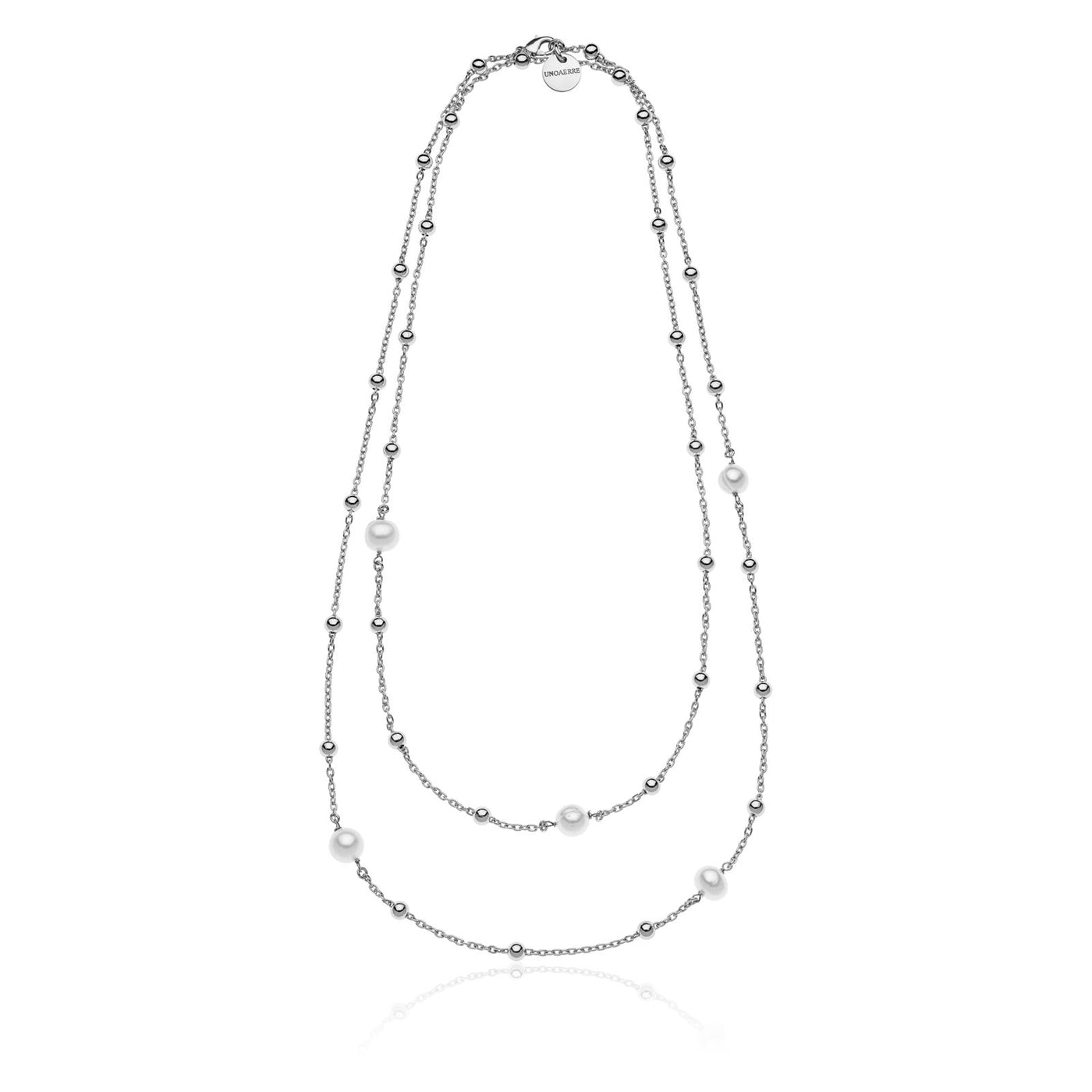 Collana Unoaerre lunga in bronzo argentato bianco con perle